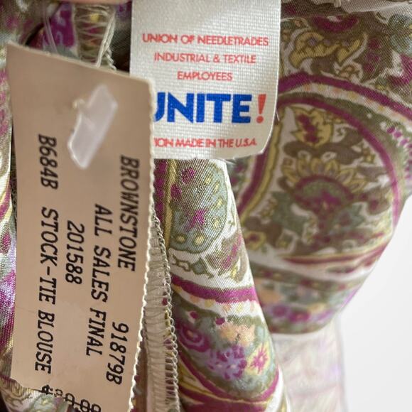 90s BROWNSTONE STUDIO Vintage Green Purple Paisley Bow Neck Blouse - Picture 7 of 12